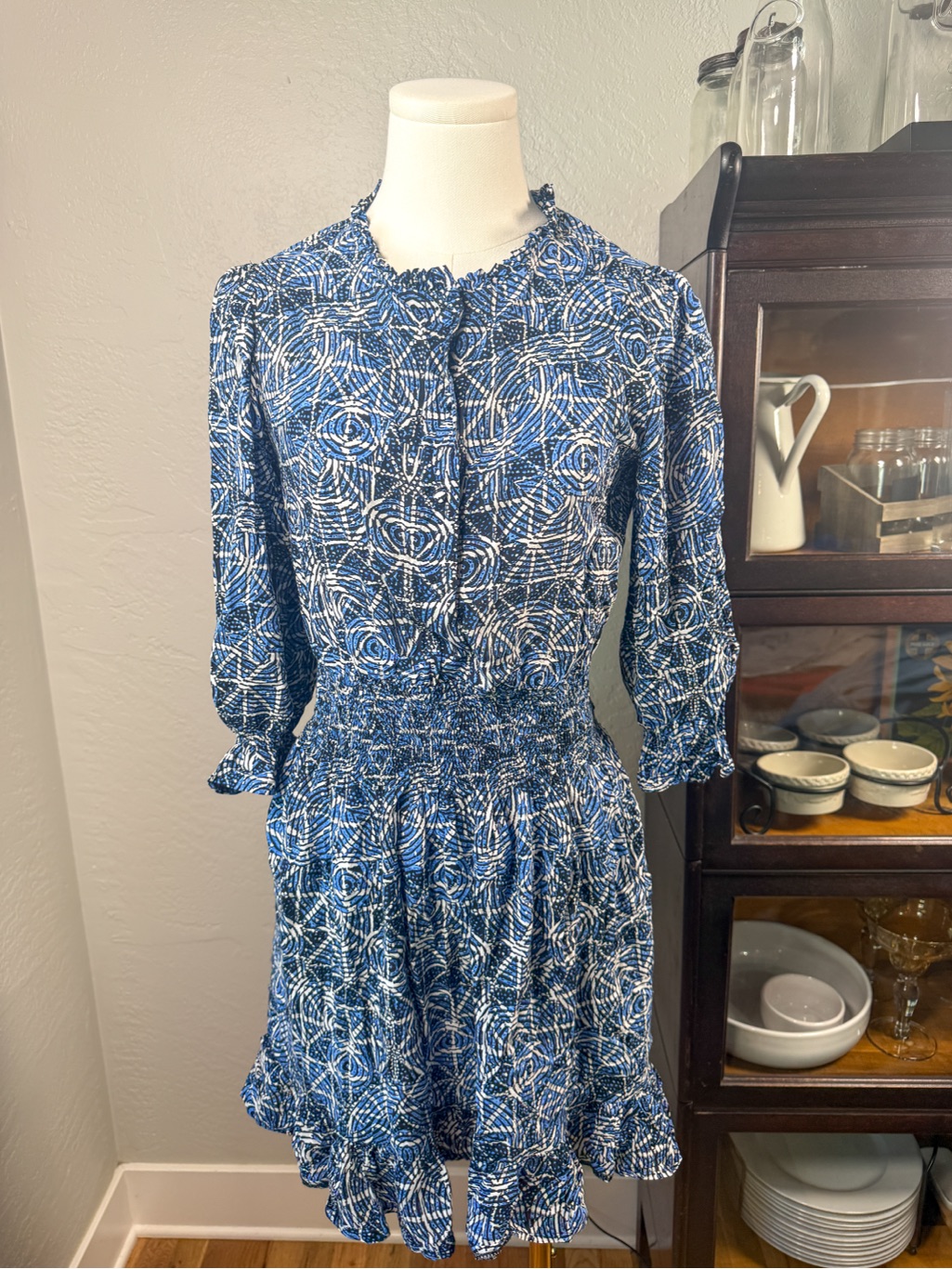 Maje Blue Abstract Print Covered Button Front Smocked Mini Dress Size 36 (Us 4)